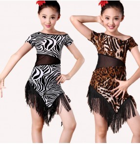 Leopard zebra printed short sleeves fringes hollow waist girls kids children performance school play competition professional latin salsa cha cha dance dresses outfits